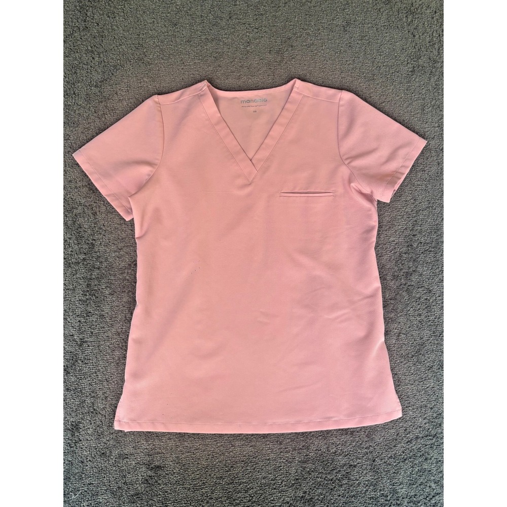Mandala Workwear Scrub Top Women's XS Pink V-Neck Stretch‎ Short Sleeve Pullover